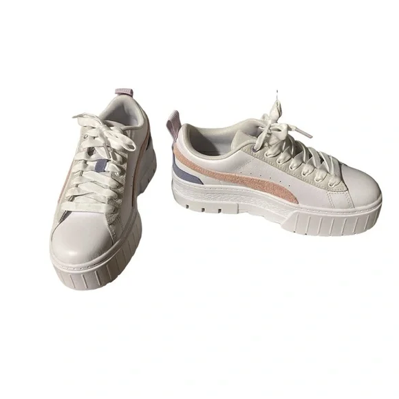 Puma Mayze Platform Sneakers Women’s 7 Lace Up Shoes White Casual New Pink - Picture 3 of 12
